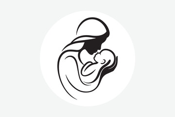 A black and white line art illustration of a loving mother gently holding and kissing her sleeping baby, 