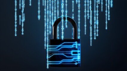 Secure digital lock with glowing circuitry and binary code against a dark background representing cybersecurity concepts