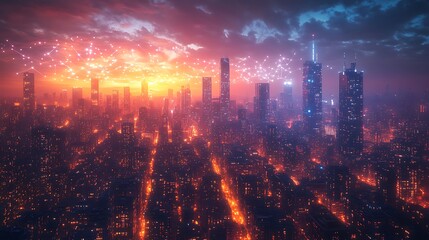 Obraz premium Dynamic cityscape illuminated by vibrant fireworks display.