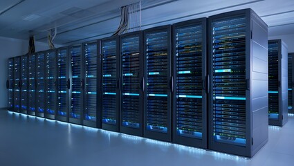 Modern data center filled with rows of servers illuminating a cool blue light during a late-night operation