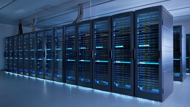 Modern data center filled with rows of servers illuminating a cool blue light during a late-night operation