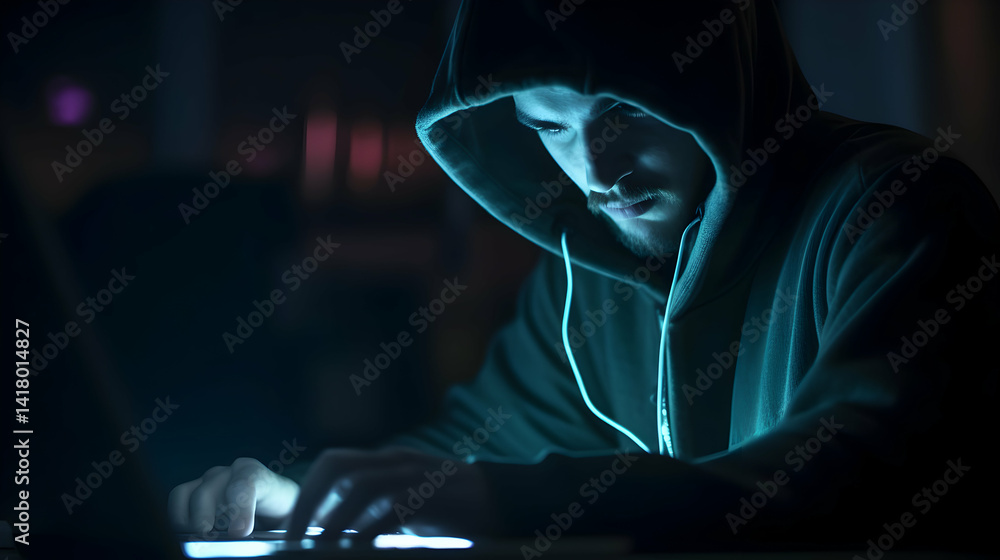 Poster man in hoodie illuminated by laptop screen coding intensely at nighttime