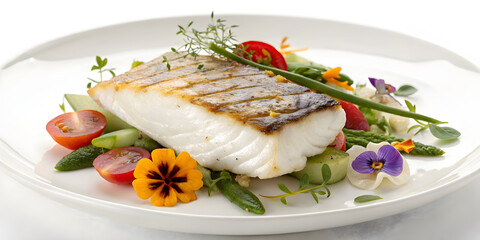 Gourmet Grilled White Fish Fillet with Vegetables and Edible Flowers on Elegant Plate