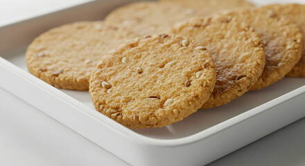 Crispy Whole Grain Crackers On A White Platter With Seed Detail