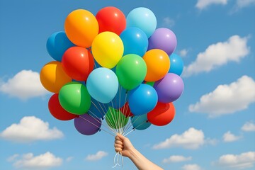 A colorful bunch of balloons held against a blue sky with fluffy white clouds. Concept Balloons Against Sky, Colorful Aesthetic, Blue Sky Photography, Cloudy Background, Joyful Atmosphere