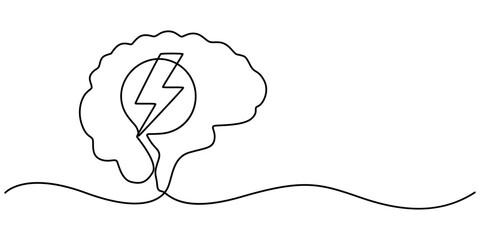 Headache Single Line Icon, Continuous Line Drawing of Brainstorming Icon. Hand Drawn Symbol Vector Illustration, brain energy continuous one line drawing, minimalist  monoLine Drawing of Anxiety Icon.