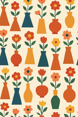 A pattern of vases with flowers on a white background