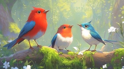 Obraz premium Trio of vibrant birds perched on a mossy branch in a sundappled forest