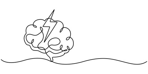 Headache Single Line Icon, Continuous Line Drawing of Brainstorming Icon. Hand Drawn Symbol Vector Illustration, brain energy continuous one line drawing, minimalist  monoLine Drawing of Anxiety Icon.