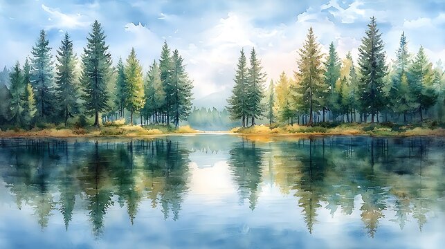Serene forest lake scene, painted in watercolor.