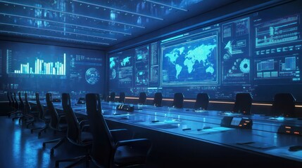 Futuristic command center,  meeting room,  data displays,  global monitoring