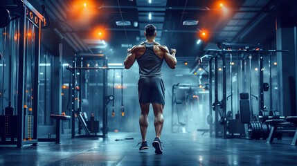 Obraz premium a man is standing in a gym with a barbell on his shoulders