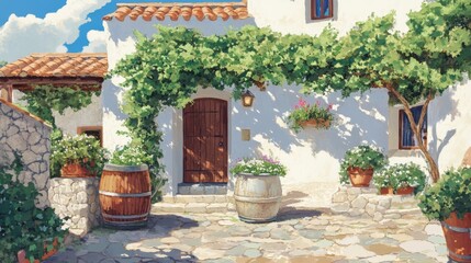 Naklejka premium Tuscan courtyard Whitewashed buildings with lush greenery and stone path