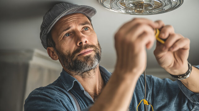 An electrician performs electrical work on a ceiling light fixture. Indoors.