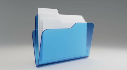 A blue folder containing white paper documents for file organization.
