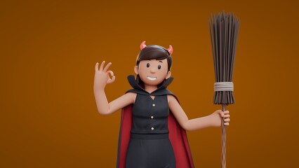 3D Cartoon dracula girls holding witch's broom and make OK gesture Halloween Celebration