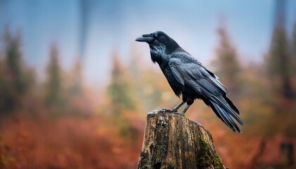 Naklejka premium Common raven on old stump