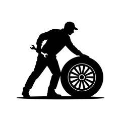 Fototapeta premium Mechanic silhouette with Tyre and wrench: A silhouette of a diligent mechanic, his form solid against the background as he works with tire, signifying dedication in the industry.
