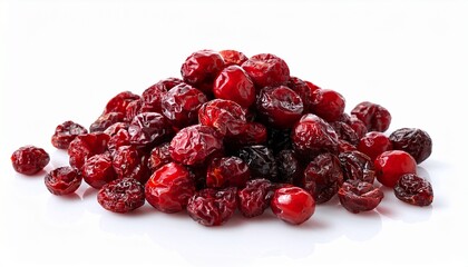 Pile of dried shriveled red cranberries on white background