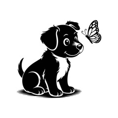Puppy and Butterfly Silhouette: Captivating monochrome illustration of a playful puppy with an intrigued gaze toward a delicate butterfly.