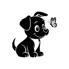 Playful Pup Meets Butterfly: A charming illustration captures a joyful moment as a cute puppy curiously interacts with a fluttering butterfly, depicting the innocent joy of a natural encounter.