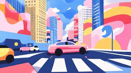 Naklejka premium Urban Dreams Pink car crossing amidst colorful skyscrapers and abstract shapes