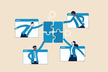 Work together, teamwork or collaboration to solve problem, hybrid work conference call to success together, partnership concept, businessman and woman colleagues connecting jigsaw pieces together.