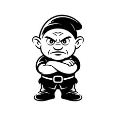 Grumpy Gnome: A bold monochrome illustration of a stern-faced gnome, arms crossed, embodying a sense of displeasure and authority, perfect for projects