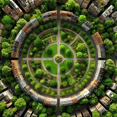 Drone eye view shots cityscape concept. Aerial view of a circular park surrounded by urban buildings and greenery.