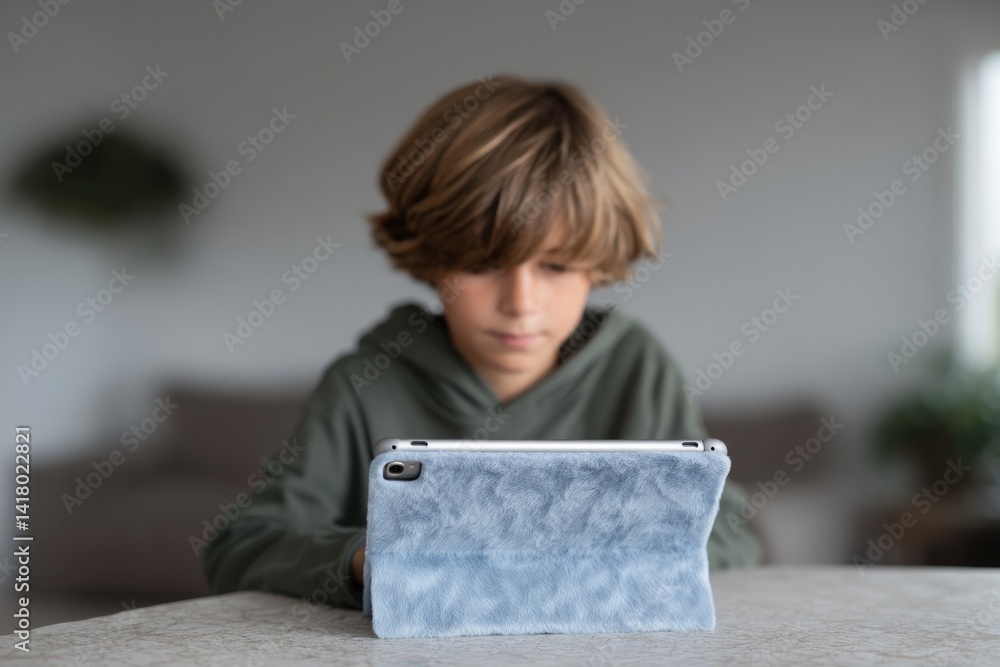 Aufkleber close-up of fingers tapping soft-touch tablet case while ai tutor animates instructions on screen