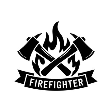 Firefighter Emblem: A bold, monochrome emblem for firefighters features crossed axes in front of flames, symbolizing courage and dedication, and carrying the proud word.