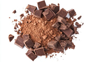 Fototapeta premium Rich dark chocolate chunks scattered atop cocoa powder a decadent treat close up studio shot with high resolution detail and a