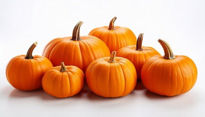 Many orange pumpkins on white