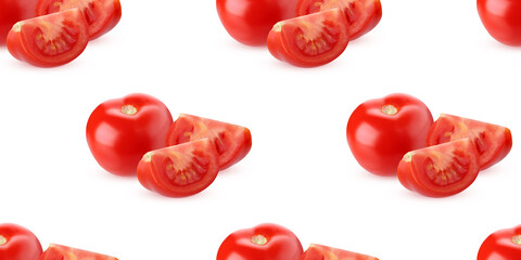 Fresh red tomatoes and slices seamless pattern on white background