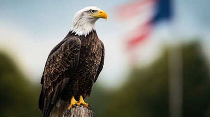 Majestic Bald Eagle Perched with American Flag in the Background Serenity