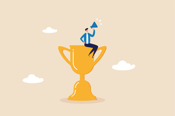 Success story to motivate people to develop and improve to achieve life success, telling story or inspire people, aspiration concept, businessman telling success story with megaphone on winner trophy.