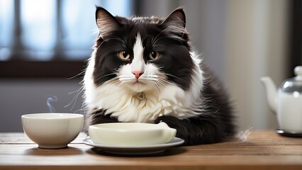 A playful black and white kitten with large green eyes is curiously approaching a shallow, orange food dish filled with milk