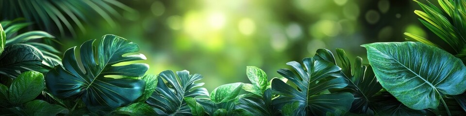 Lush green foliage with sunlight filtering through leaves in a blurred background.