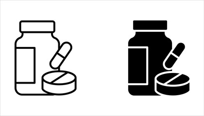 Medicine bottle and pills icon set. Medicament. Vector illustration on white background.