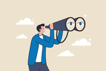 Observation, search for opportunity, curiosity or surveillance, inspect or discover new business, job search or hr finding candidate concept, curious businessman look through binoculars with big eyes.