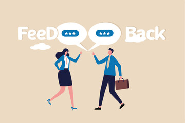 Employee feedback, opinion or colleague voice for improvement, message discussion, telling or comment each other, appraisal or review process, businessman and woman telling feedback to each other.