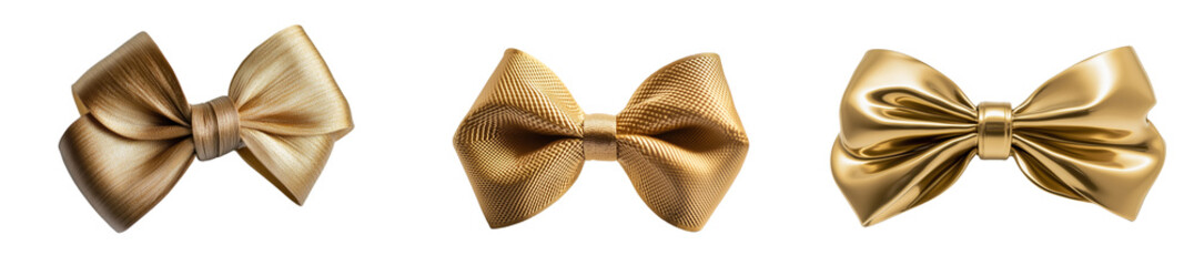 Set of a, A gold ribbon bow, isolated on a transparent background.