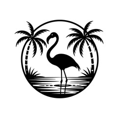 Flamingo Silhouette: An elegant flamingo stands tall in silhouette amidst tropical palm trees, its serene posture reflecting the peaceful essence of the beach setting.
