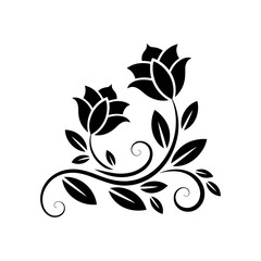 Obraz premium Black Floral Silhouette: A beautiful, elegant, and symmetrical silhouette of two blooming rose flowers, surrounded by leaves and vines in a corner design.