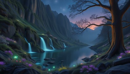 Obraz premium Mossy granite cliffs, bioluminescent valley, waterfalls, lake, twilight sky, and ancient petrified trees.