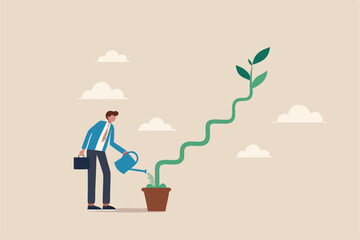 Growth step or career path, job improvement stair or growing investment or stair to success, mentorship concept, businessman watering seedling plant growing up as stair to climb to reach success.