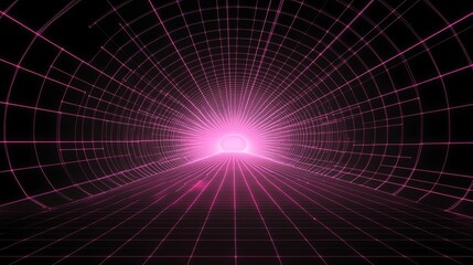 Pink Neon Grid Tunnel with Bright Light at the End