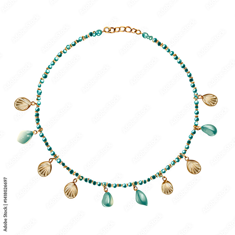 Poster beaded anklet with shell charms isolated on transparent background