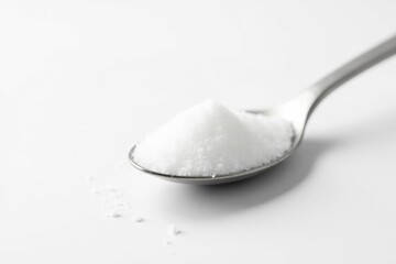 Spoonful of white sugar against a stark white backdrop, dessert, macro photography, ingredient photography