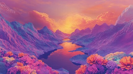 Surreal Mountain Landscape with Vibrant Flowers and Reflective River